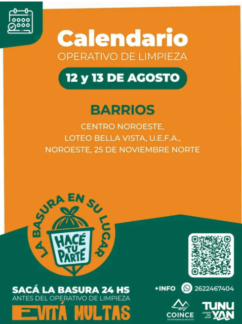 Tunuyán lanza operativo de limpieza en cinco barrios los próximos días