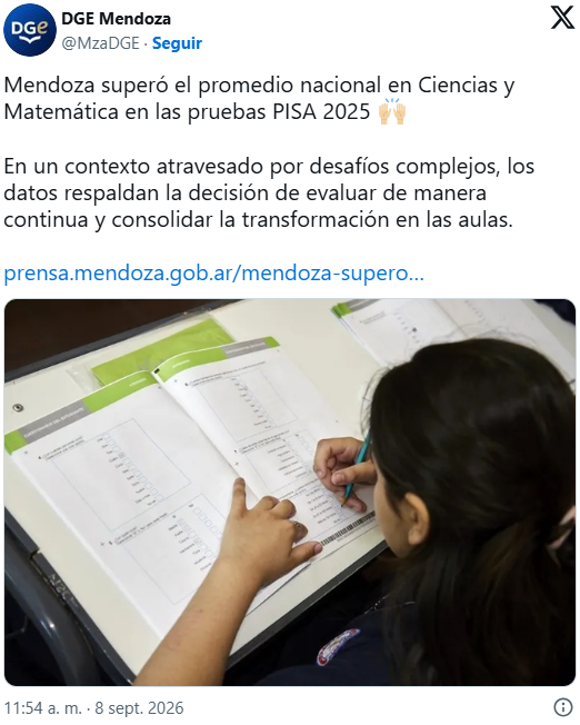 Mendoza supera el promedio nacional en Matemática y Ciencias según PISA 2025 - imagen adicional